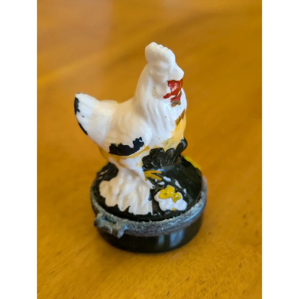 Vintage Ceramic Chicken Rooster Mini Hinged Lid Trinket Box with Chick Figurine